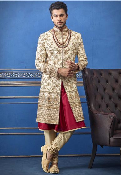 Silk in Golden Groom Wedding Sherwani with Anarkali Kurta.