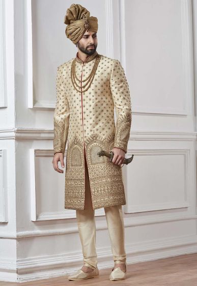 Buy desinger sherwani in Cream,Golden Color Indian style