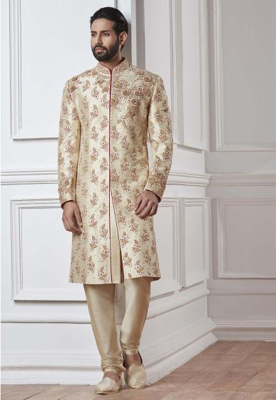 Buy designer cream colour sherwani in silk fabric