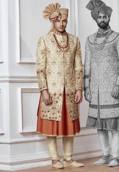 Buy designer sherwani Golden,Cream Color for Indian Wedding