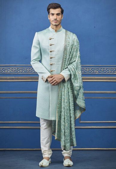 Teal Blue Colour Quilted Men's Indowestern.