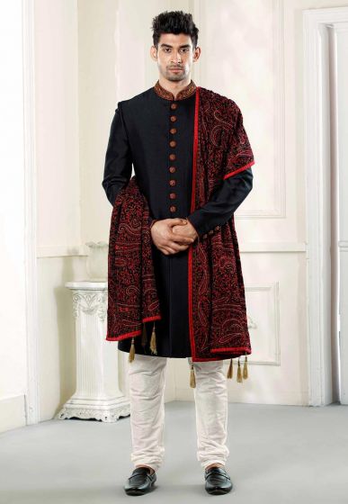 Buy designer sherwani in Black Colour with Embroidered Shawl