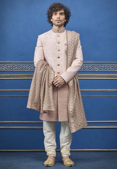 Peach,Cream Colour Jacquard Men's Indowestern.