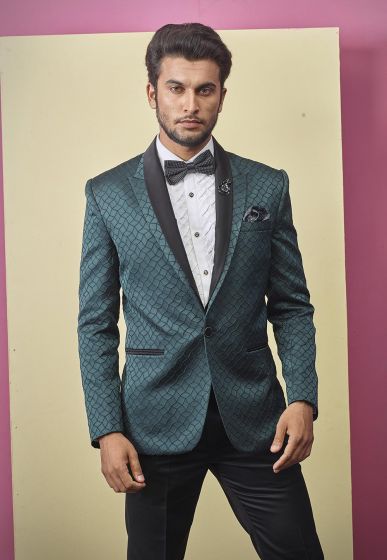 Textured Designer Tuxedo Suit Green Colour.