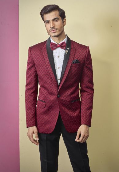 Textured Designer Tuxedo Suit Maroon Colour.