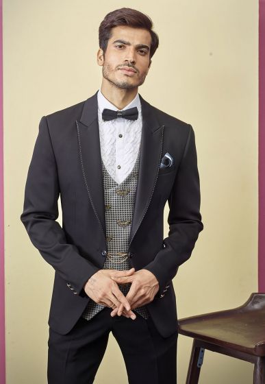 Designer Tuxedo Suit Black Colour.