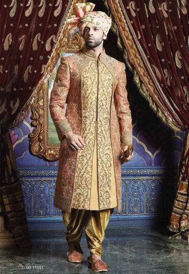 Buy Pink,Golden Color Wedding Sherwani for men