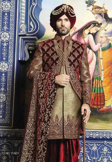 Buy designer sherwani in Golden,Maroon Color