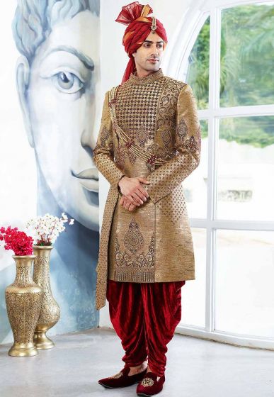 Buy designer Brocade sherwani in Golden Colour for men