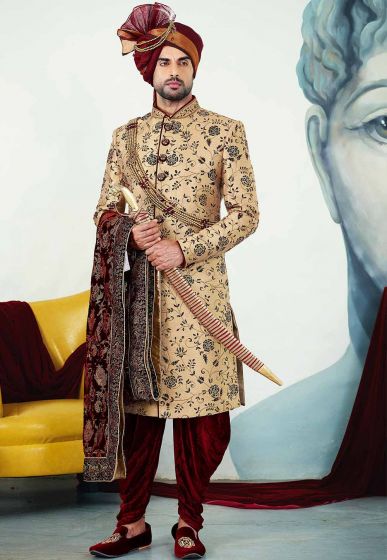 Buy designer sherwani in golden colour for groom