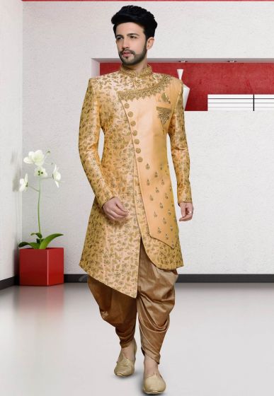 Peach Colour Silk Designer Indo Sherwani.