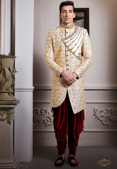 Cream,Golden Colour Designer Indo Sherwani.