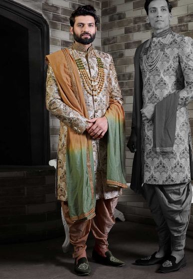 Cream,Golden Colour Designer Sherwani For Groom.