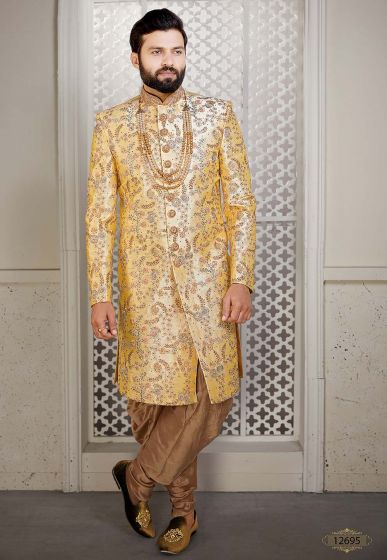 Yellow Colour Silk Designer Sherwani.