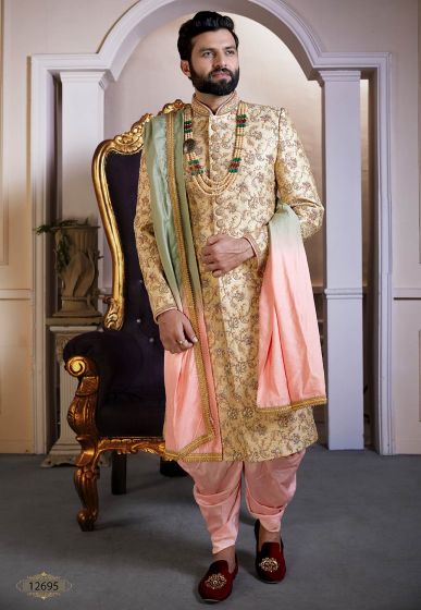 Golden Colour Silk Indian Men's Sherwani.