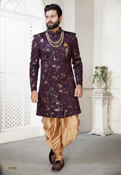 Wine Colour Party Wear Men's Indowestern.