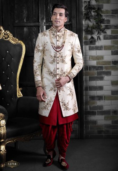 Men's Indowestern Sherwani Cream Colour Silk Fabric.