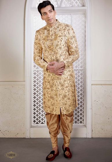 Brocade Fabric Indian Designer Sherwani Golden Colour.