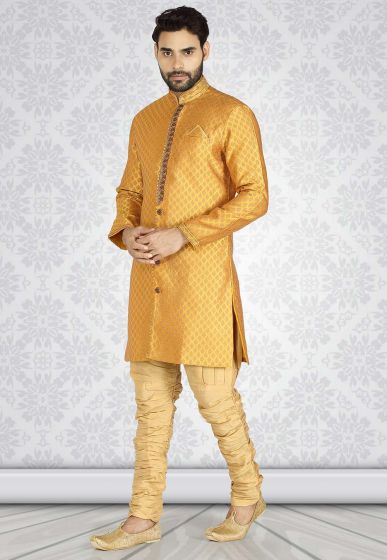 Mustard Colour Designer Semi Indo Kurta Pajama.