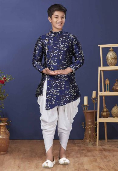 Blue Colour Jacquard,Silk Kids Indowestern.