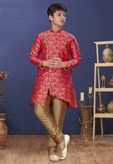 Red Colour Silk Fabric Designer Boy's Indowestern.