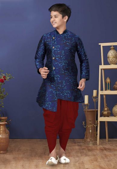 Jacquard Silk Fabric Kids Indowesten in Blue Colour.