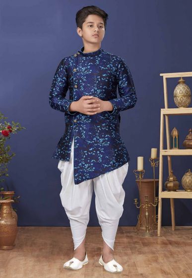 Blue Colour Jacquard,Silk Boy's Kids Indowestern.