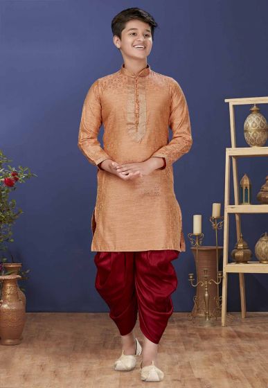 Rust Colour Jacquard Silk Boy's Kurta Pajama.