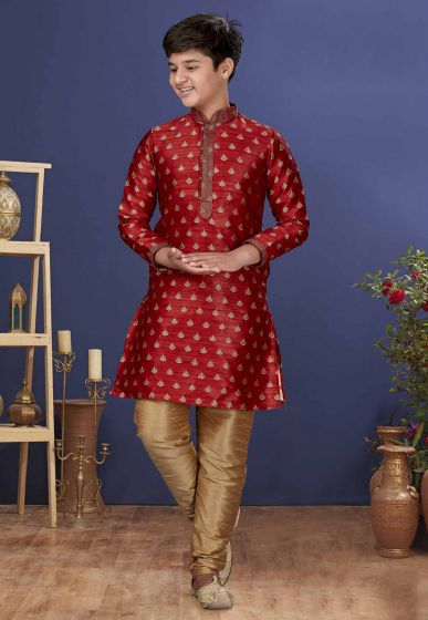 Maroon in Jacquard Silk Boys Kurta Pajama.