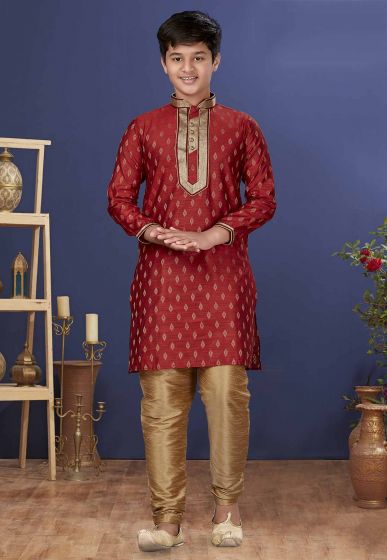 Red Colour Jacquard Silk Boys Kurta Pajama.