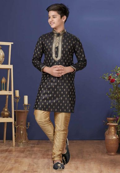 Black Colour Jacquard Silk Boys Readymade Kurta Pajama.