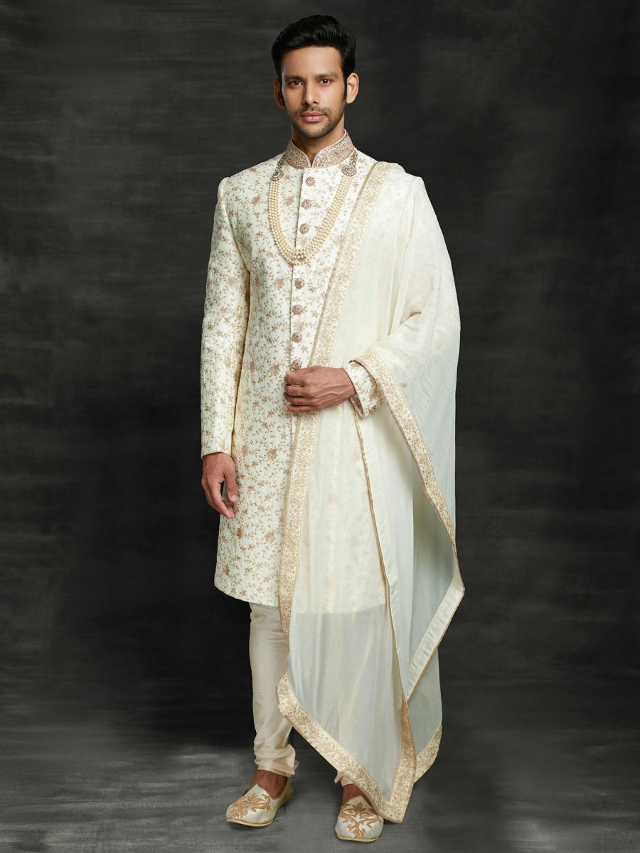 Off White Colour Silk Indian Groom Wedding