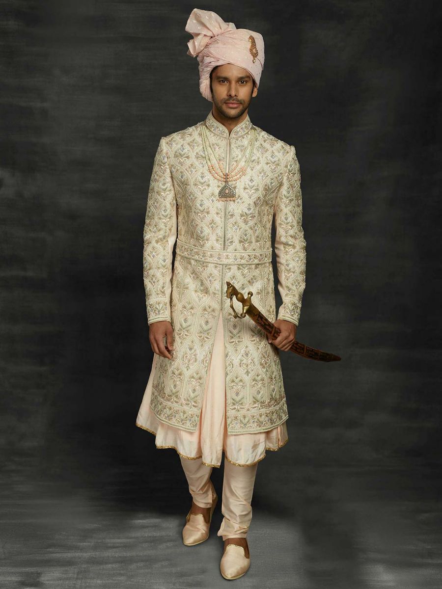 Cream,Golden Colour Silk Fabric Indian Wedding
