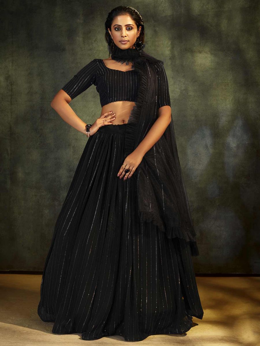 Black Colour Georgette Fabric Party Wear Lehenga - Main Image