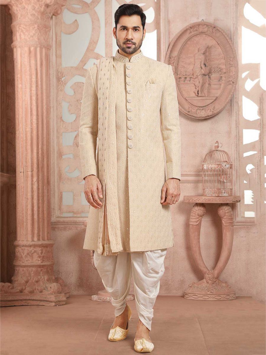 Cream,Beige Colour Silk Fabric Groom