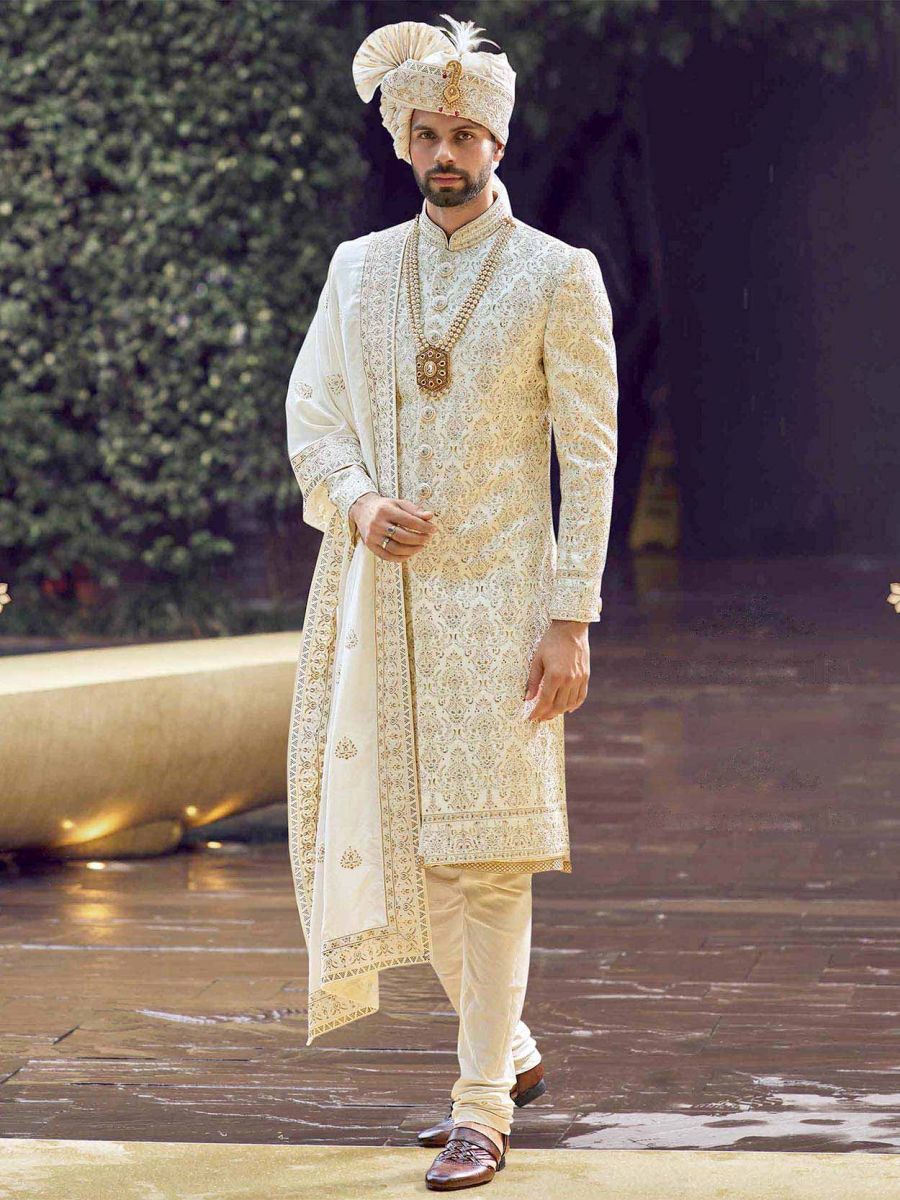 Elegant Cream,Off White Colour Groom Sherwani in Silk,Imported - Main Image