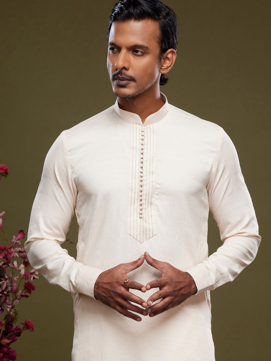 Off White Party Wear Kurta Pyjama For Men