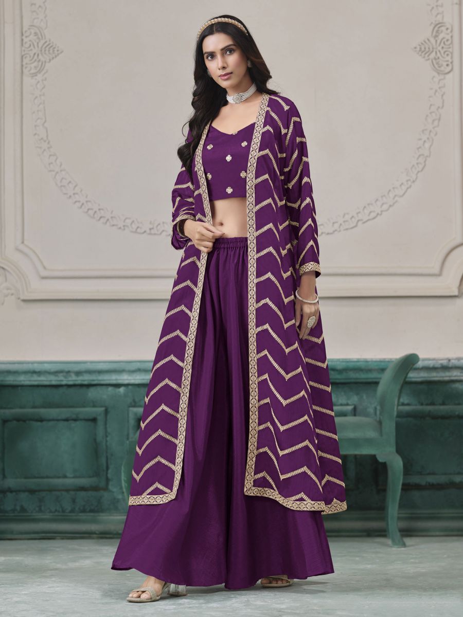 Purple Top Shrug With Palazzo Dark Purple Top With Embroidered