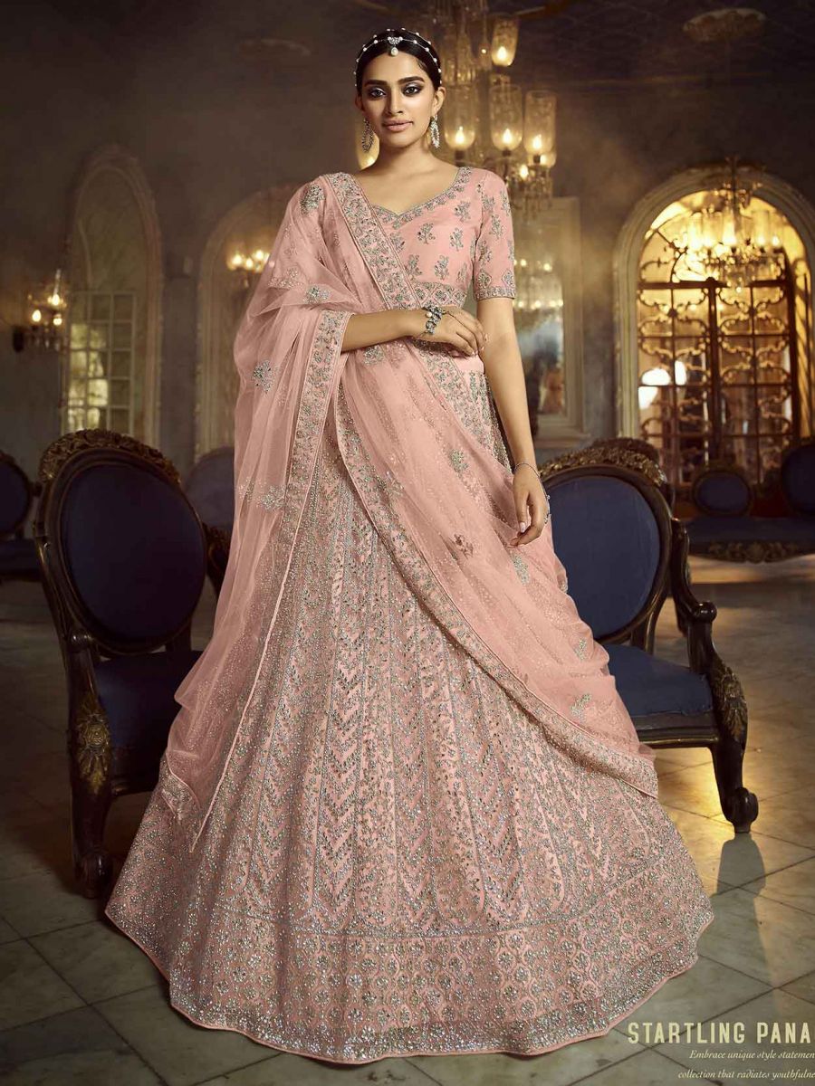Wedding Lehenga Choli Peach Colour in Soft Net