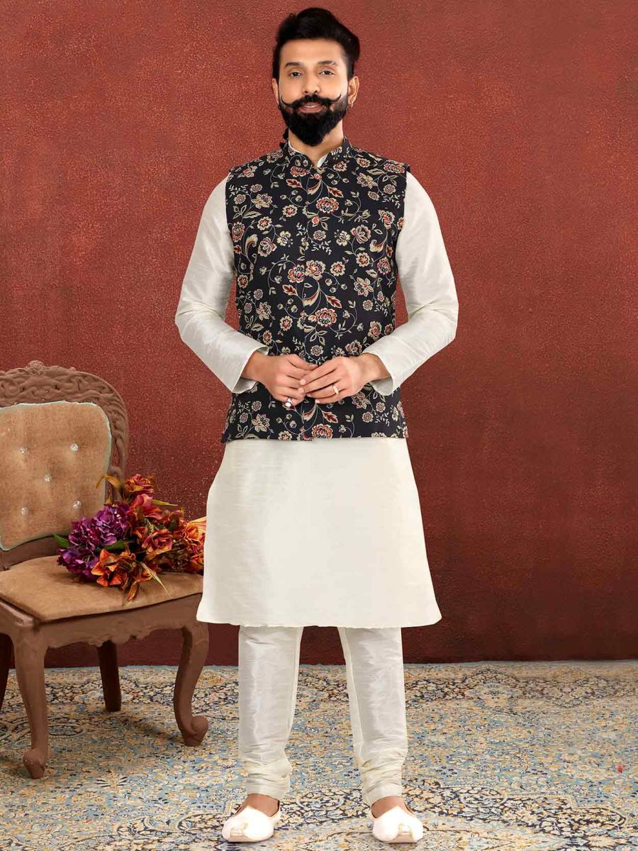 Mens Designer Kurta Pajama Jacket Off White,Black