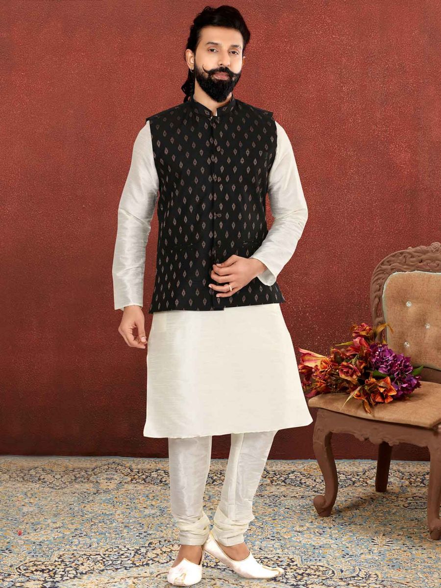 Matching Kurta Pajama Brown Kurta White Pajama Off White,Black - Main Image