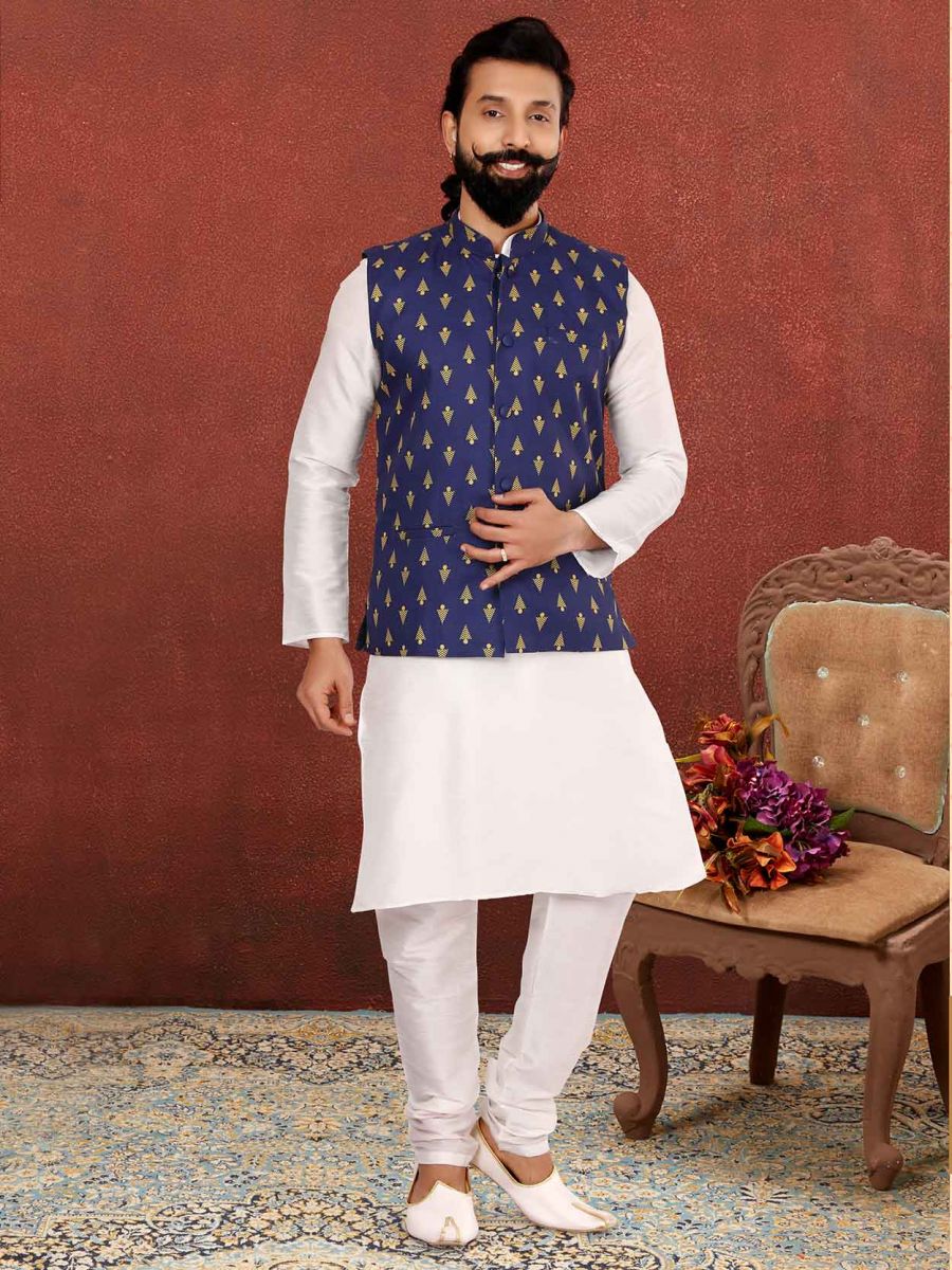 Off White,Blue Colour Party Wear Kurta Pajama