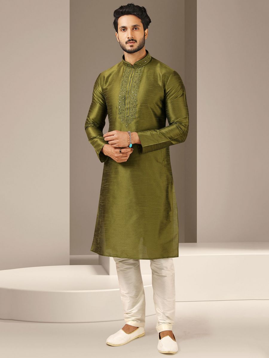 Kurta Pajama Mehndi Shoes Design For Man Mehendi Green Colour Banarasi Silk  Fabric Designer Kurta