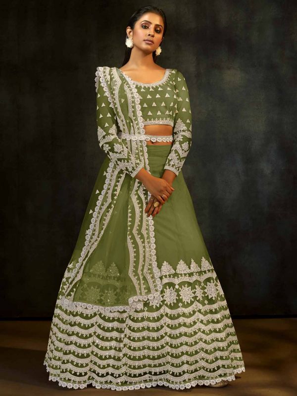 Stone & Resham Work Parrot Green Color Banarasi Silk & Jacquard Wedding  Wear Lehenga -