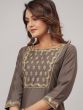 Grey Flared Kurta Set With Embroidery