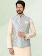 Cream Festive Kurta Pyjama With Grey Jacket