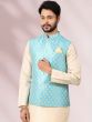 Readymade Cream Kurta Pyjama With Blue Jacket