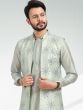 Grey Embroidered Kurta Pyjama In Art Silk