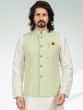 White Art Silk Kurta Pajama With Green Jacket