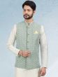 White Kurta Pyjama With Green Embroidered Jacket